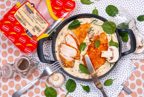 Пиле с гъби, спанак и сметана на тиган